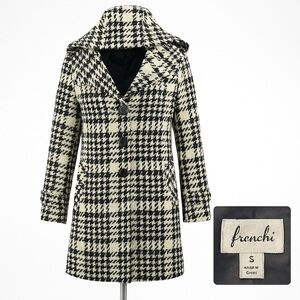 Frenchi Women’s Houndstooth Wool Blend Coat Black White Hooded Size M